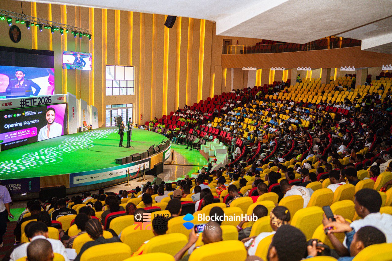 Harrison delivering Opening Keynote at Enugu Tech Fest 2026 to a packed auditorium