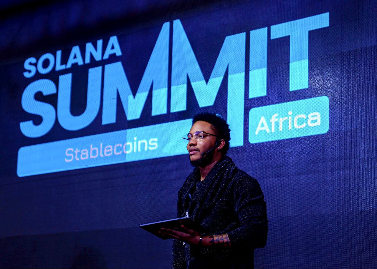 Harrison presenting at Solana Summit Africa on stablecoins